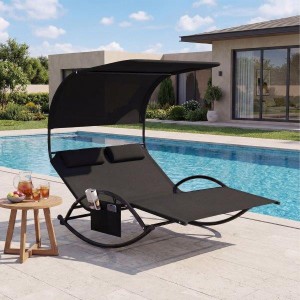 Dvigulis saulės gultas su stogeliu, šonine kišene ir 2 nuimamais galvos atlošais (Juodas)